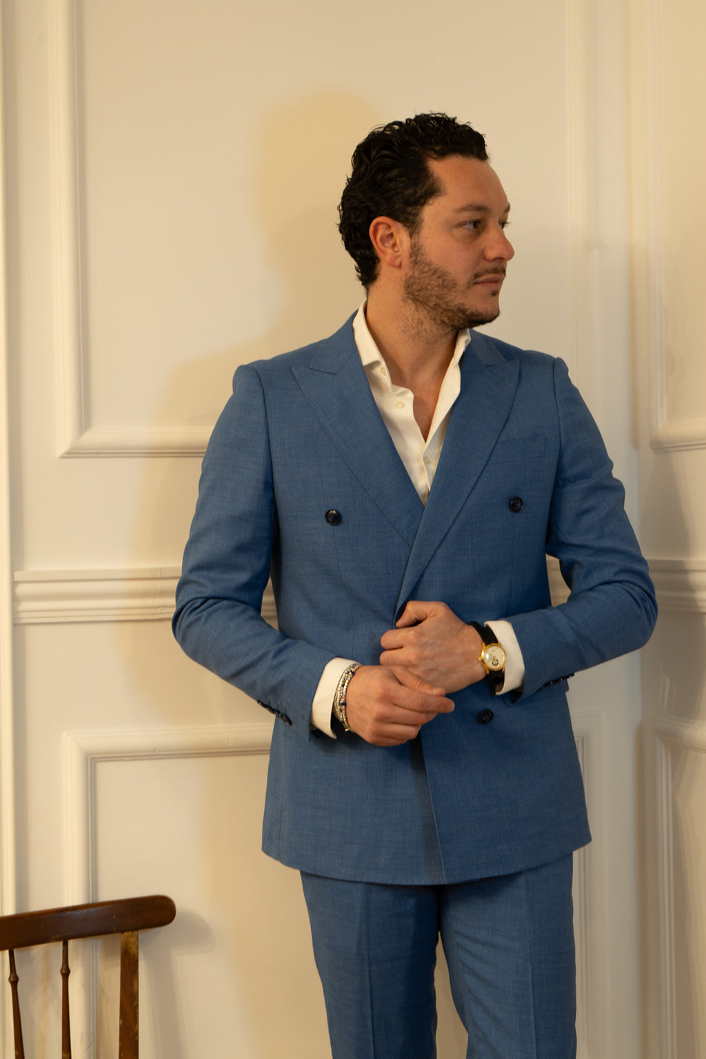 Abito doppio petto celeste grisaglia