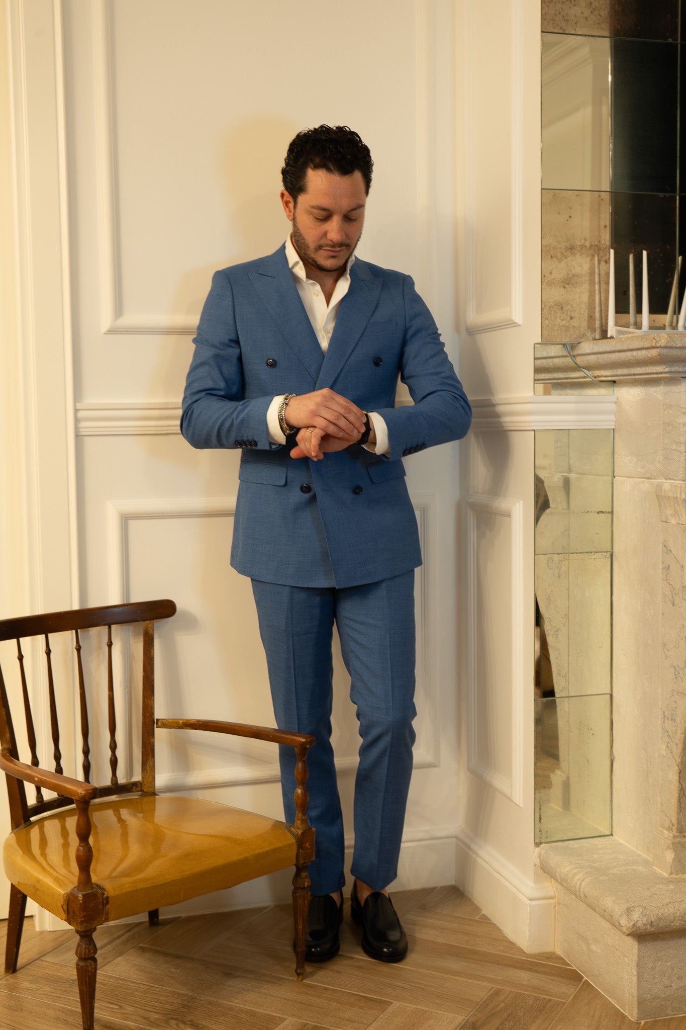 Abito doppio petto celeste grisaglia