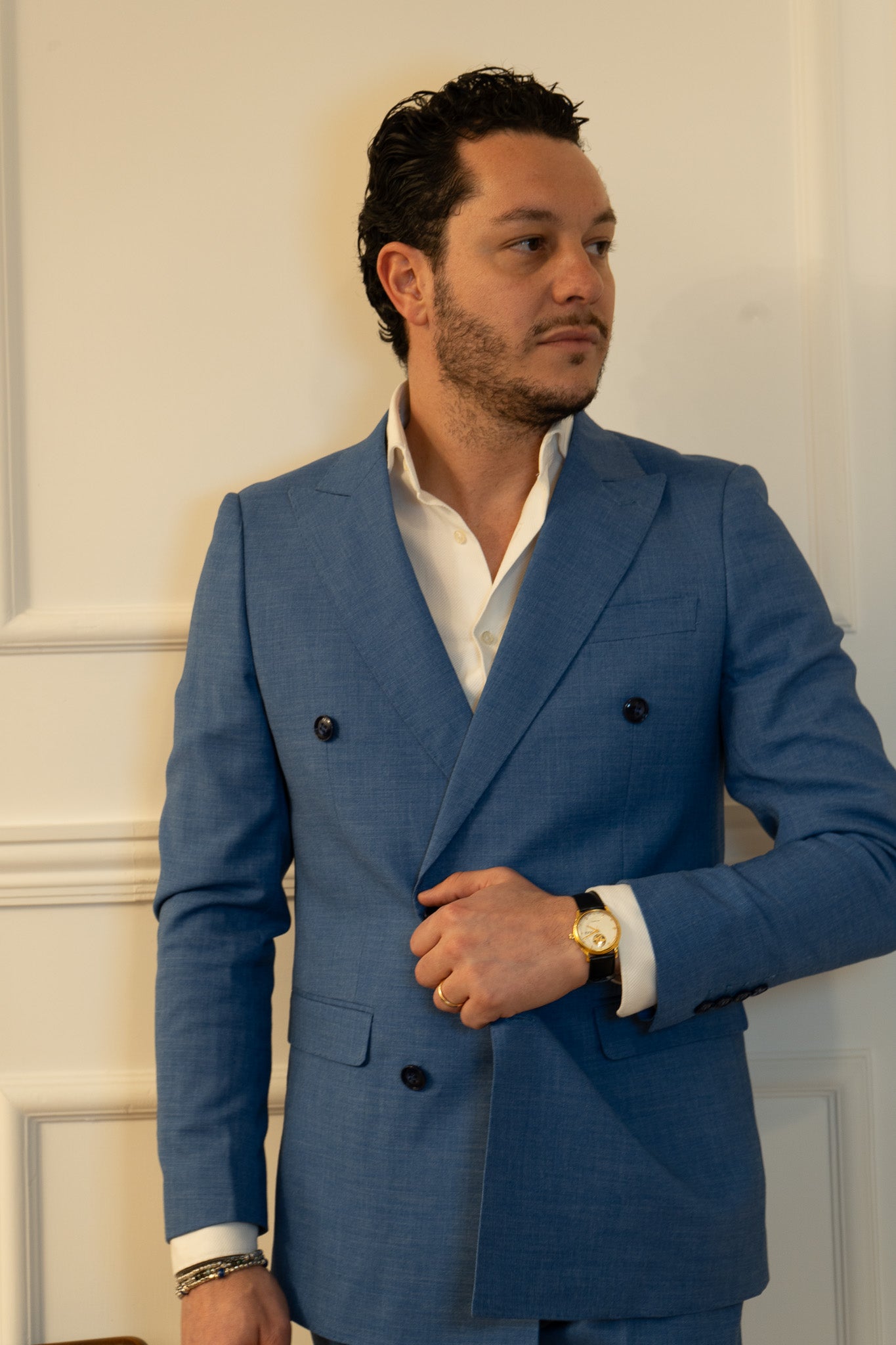 Abito doppio petto celeste grisaglia