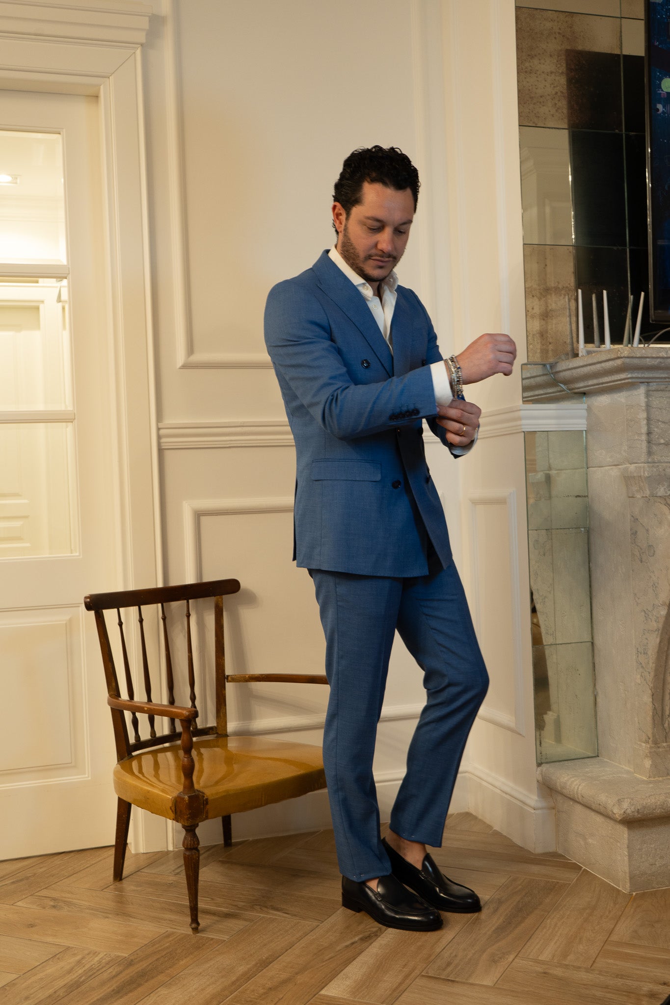 Abito doppio petto celeste grisaglia