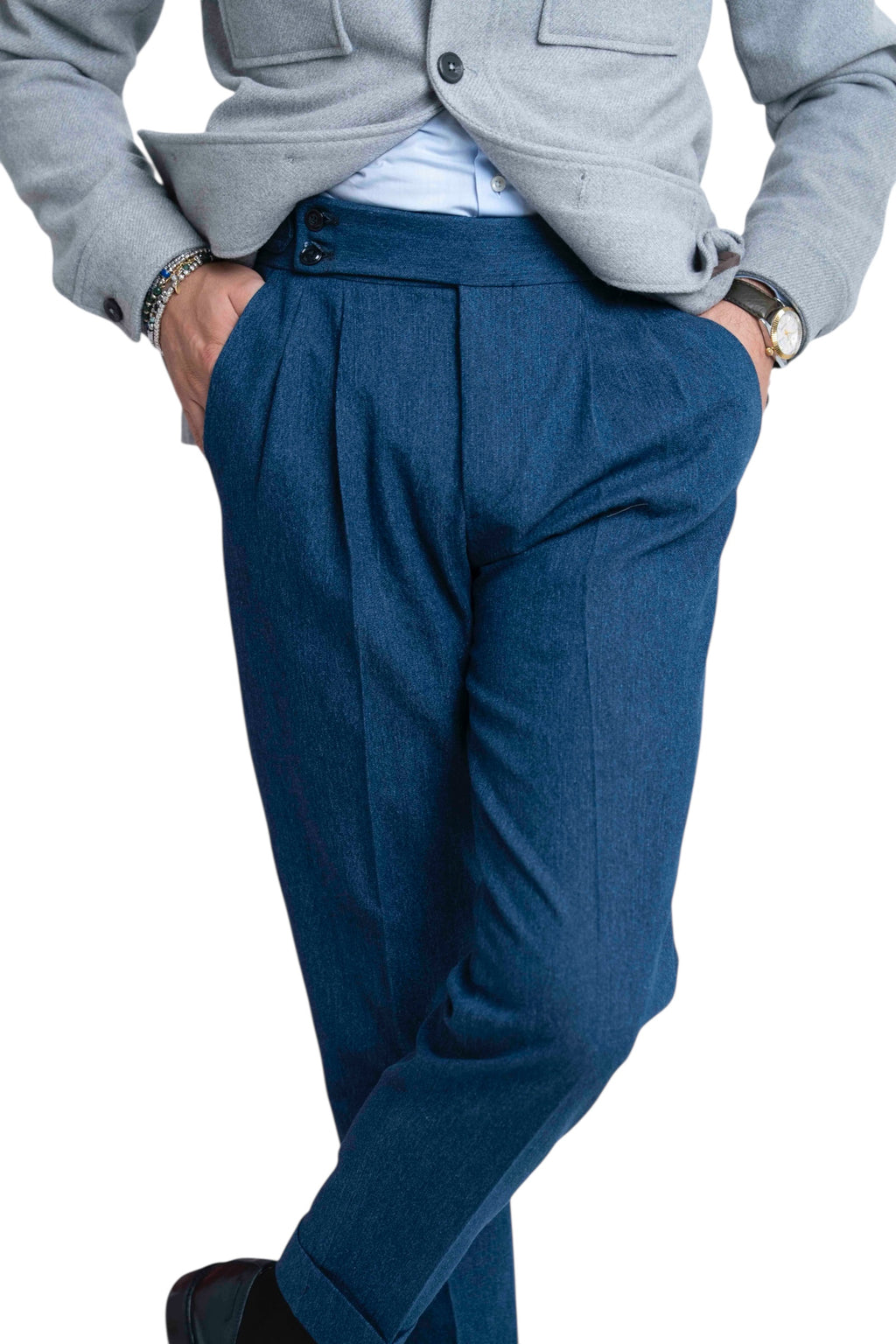 Jeans vita alta con regolatori celeste