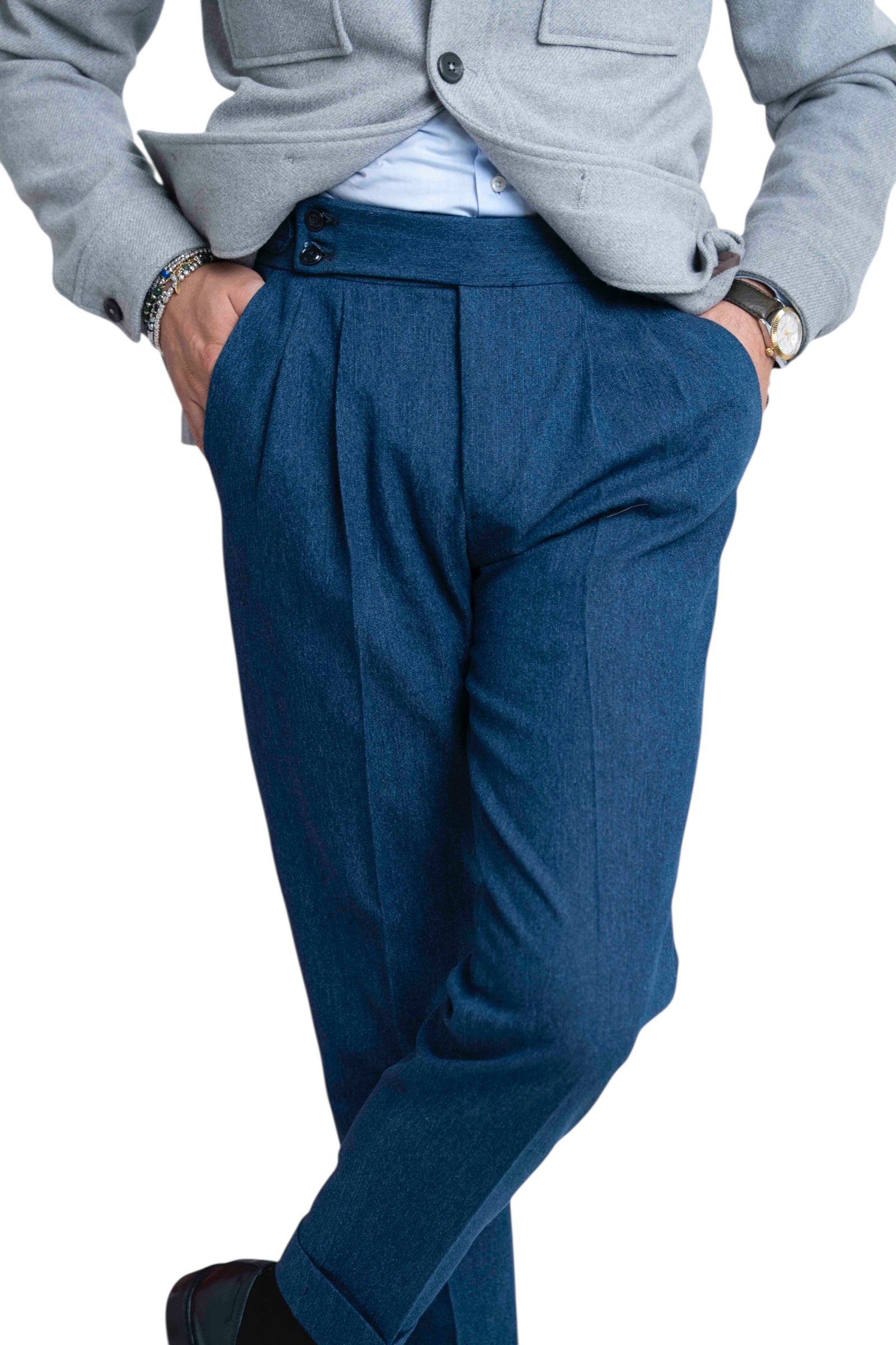 Jeans vita alta con regolatori celeste