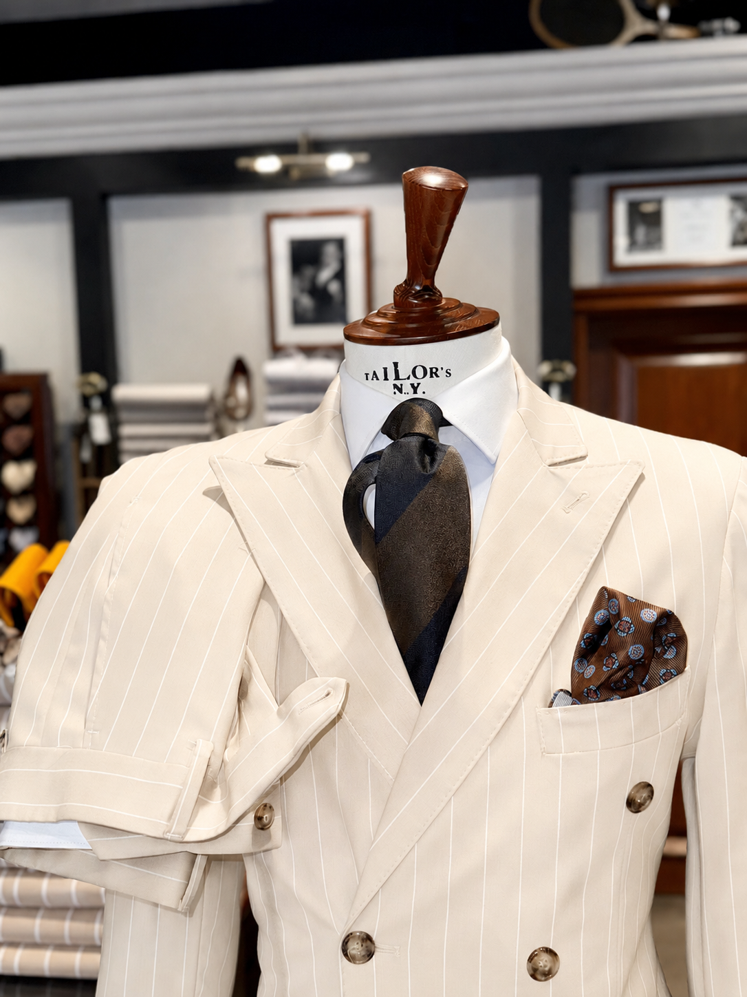 Abito doppio petto beige gessato