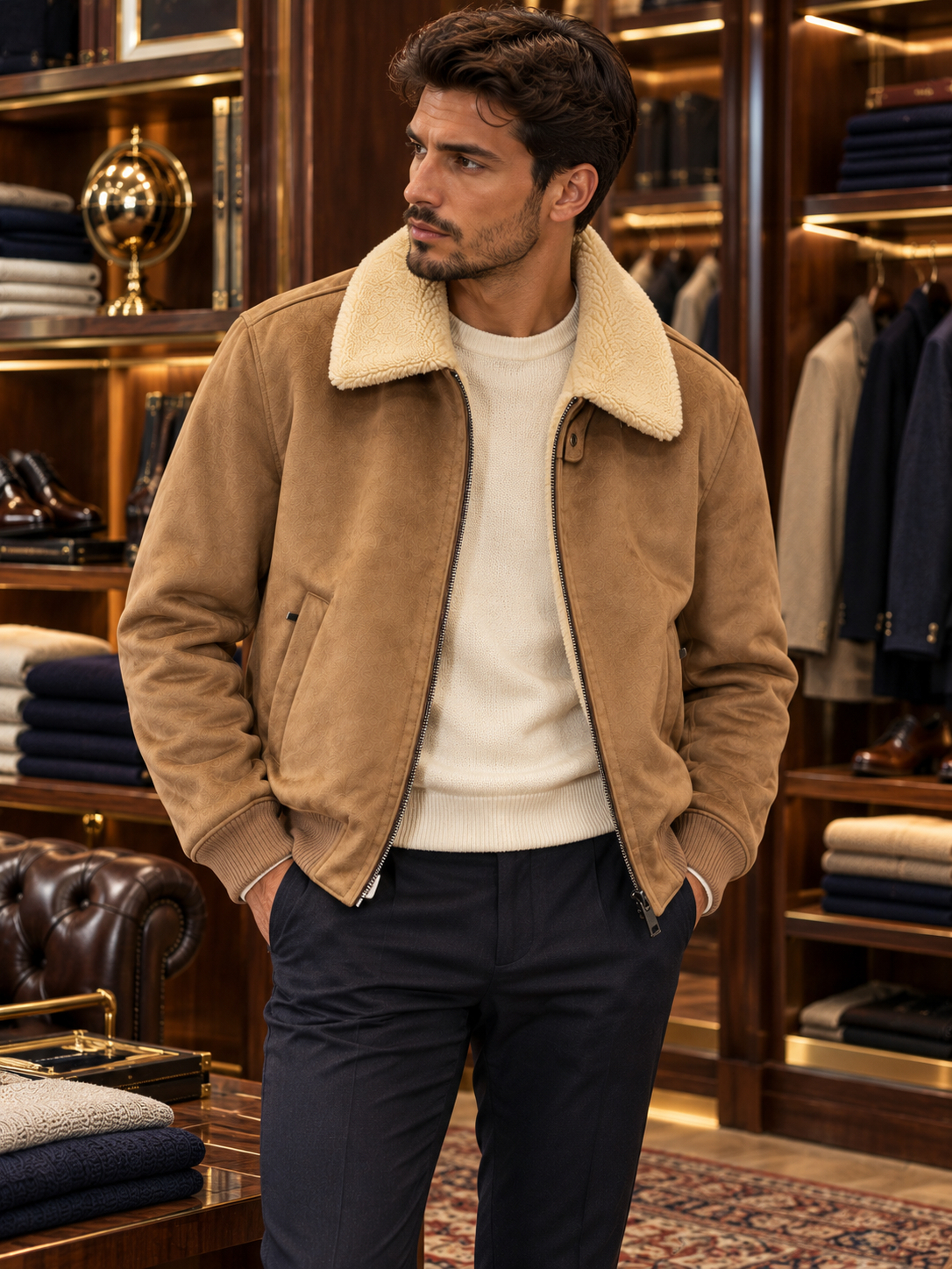 Bomber in suede con collo shearling